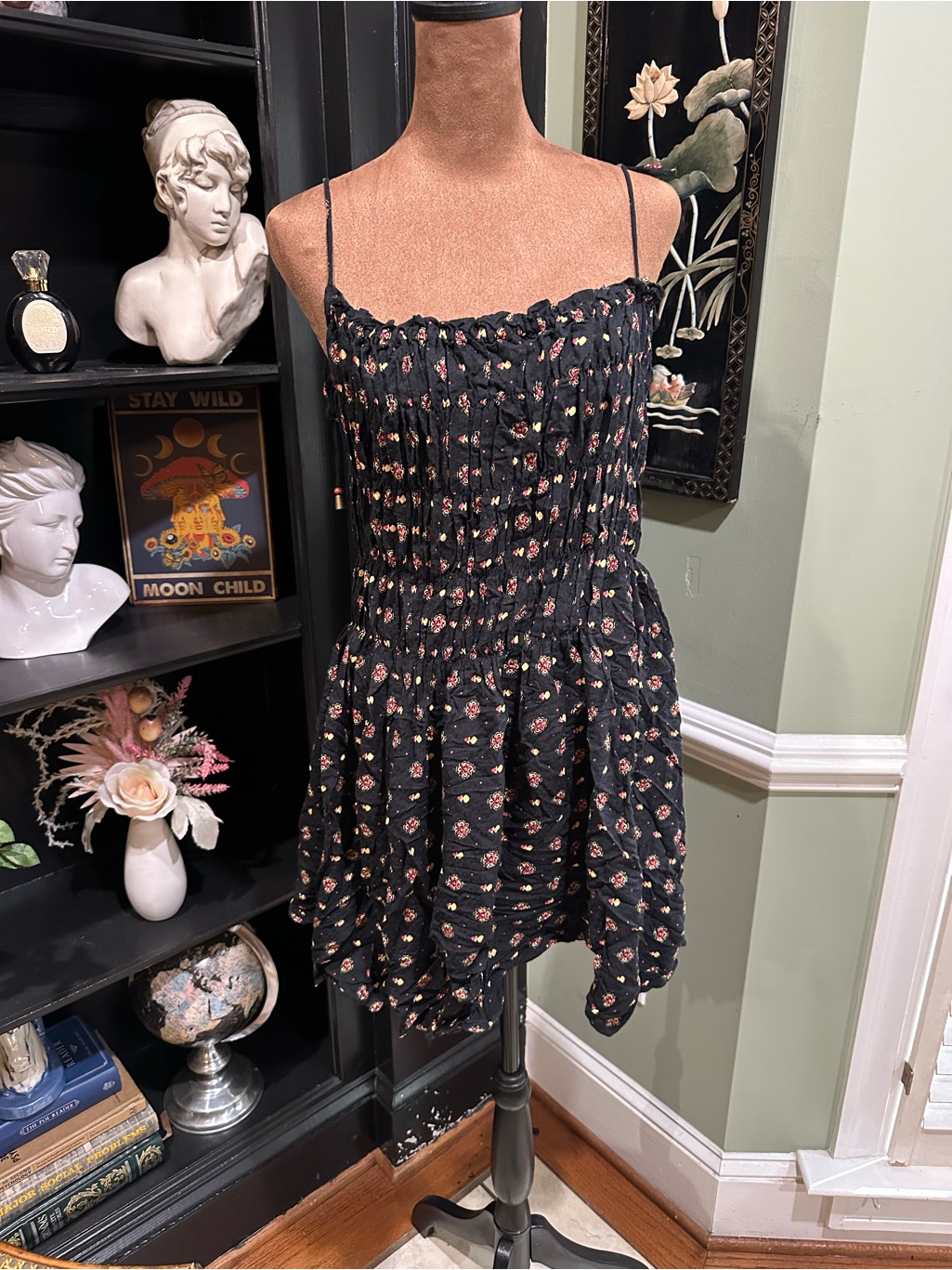 Free People “Clementina” Black Floral Smocked Dress Size Small